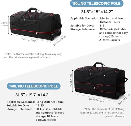 Rolling Duffle Bag with Wheels,110L/140L Expandable Soft-Sided Foldable Duffle Bag with 2 Rubber Wheels,Packable 32” Rolling Carry-On with Pockets & Compartments（Black red） - color: black red