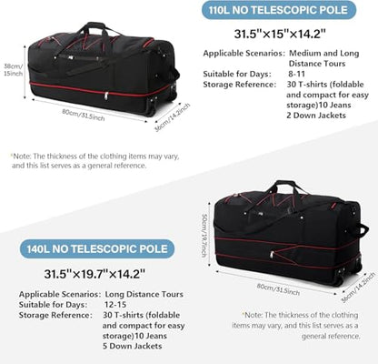 Rolling Duffle Bag with Wheels,110L/140L Expandable Soft-Sided Foldable Duffle Bag with 2 Rubber Wheels,Packable 32” Rolling Carry-On with Pockets & Compartments（Black red） - color: black red