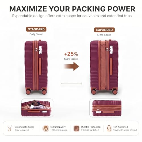 Rosamo 6 Piece Luggage Set Expandable Hardside, 20in Suitcase with Matching Travel Bags, 22x14x9 Airline Approved Carry On, TSA Lock & Spinner Wheels, ABS+PC - color: Red, size: 6PC Set (16"/20"/24"/28"/TB/DB)