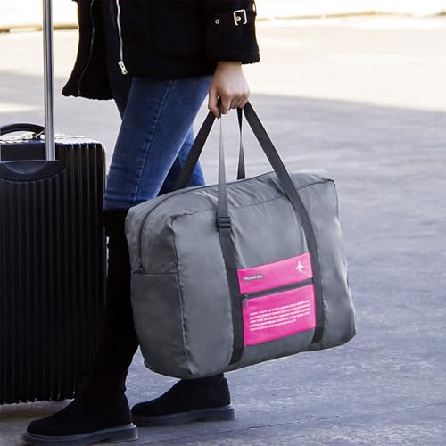Foldable Travel Duffel Bag 2PCS Sports Gym Tote Water Resistant Carry on Luggage bag Weekender Overnight Bag (Pink+Orange)