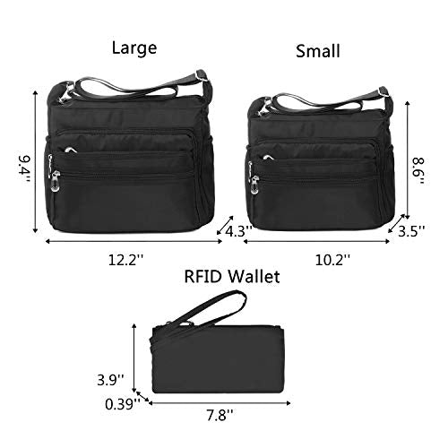 Crossbody Bag for Women Waterproof Shoulder Bag Multi Pockets Nylon Purse - color: Black-rfid-s