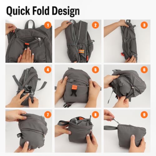 15L Small Grey Hiking Backpack, Lightweight Packable Foldable Casual Backpack for Women Men, Hiking Daypack with Shoulder Strap Pocket for Travel Camping Outdoor Commute