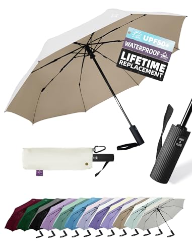 Windproof Travel Umbrella for Rain - 43" Compact Folding Umbrella, Reinforced Strong Frame, Lightweight Portable Parasol with UPF 100+ UV Sun Protection, Cruise Ship Essentials - color: 1-Khaki