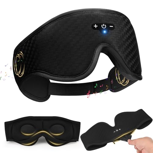 3D Contoured Adjustable Sleep Mask with Bluetooth Headphones, Blackout Sleeping Mask with 1-Hour Timer Sleeping Headphones with Thin Stereo Speakers for Men, Women