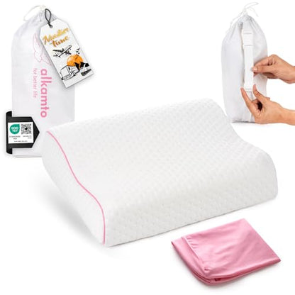 alkamto Travel & Camping Comfortable Memory Foam Pillow – Easy to Carry Portable Bag – Temperature Regulating Pillow Case (Pink Contour + Extra Cover) - color: Pink Contour + Extra Cover