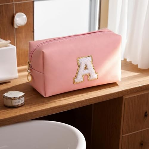 Initial Makeup Bag for Women Gifts, PU Leather Cosmetic Pouch, Pink Style K - color: Pink, style: K