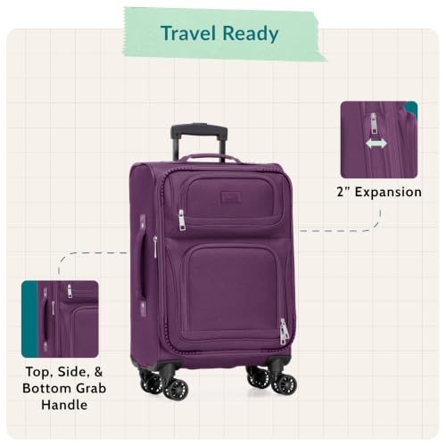 U.S. Traveler Rio Lightweight Softside Rolling Carry-on Suitcase, 4-Wheel Single, Purple - color: Purple, size: 22"