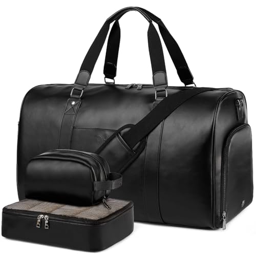 3‑PCS Leather Duffle Bag for Travel, Weekender Overnight Gym Bag Men Women - color: Black
