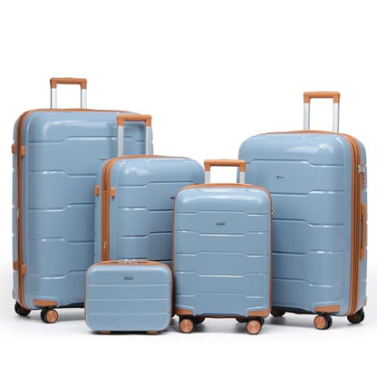 5-Piece Luggage Set Expandable Hardside Polypropylene Suitcase Set with TSA Locks & 8 Silent Spinner Wheels Lightweight Nested Suitcases Travel Set American Airline-Approved Carry-On - Blue/Tan - color: Blue/Tan, size: 5-Piece Set