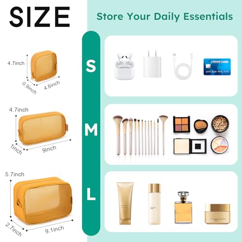 NOL Makeup Bag 4 PCS Set, Mesh Cosmetic Bag with Smooth Zipper, Clear Travel Toiletry Bag, Portable Organizer Pouch, Earth-Yellow See Through Case for Skincare Brushes - color: Earth-yellow