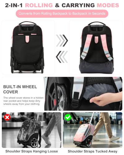 NEW TILAMI 19 Inch Rolling Backpack with Lunch Bag School, Pink - color: Pink