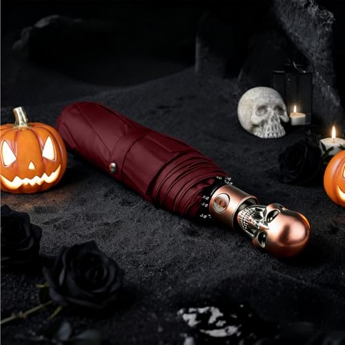 Skull Handle Windproof Travel Umbrella Compact Portable, Auto Open Close - color: 07.Wine Red