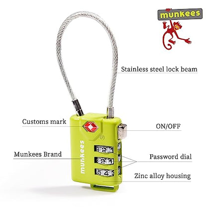 munkees TSA Approved Luggage Lock Padlock with Cable, Resttable Combination, 3-Digit Password Lock, Metal Alloy, Drawer, Backpack, Wardrobe, and Door Lock. (Green 2pcs) - color: Green-2pcs, style: Cable Shackle