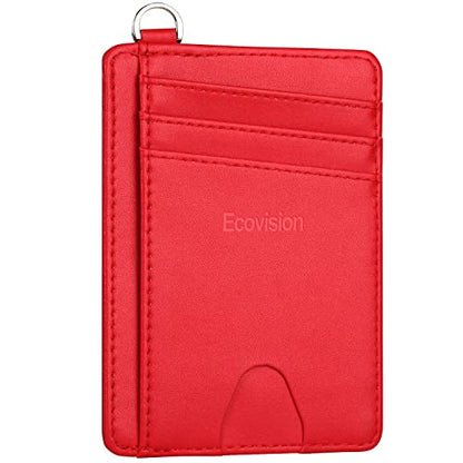 Slim Minimalist Front Pocket Wallet, RFID Blocking Credit Card Holder Wallet with Integrated D-Shackle for Men Women - color: Cowhide Red