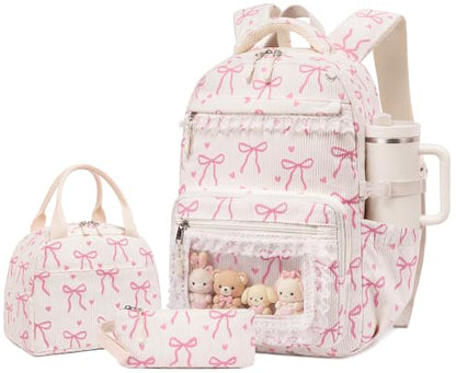 LEDAOU Backpack for Girls School Bag Kids Bookbag Teen Backpack Set Daypack with Lunch Bag and Pencil Case - color: A-lace Bow Beige