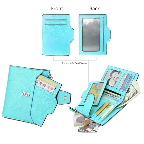 Women's RFID Blocking Leather Small Compact Bi-fold Zipper Pocket Wallet Card Case Purse with id Window - color: Lichee Sea Blue
