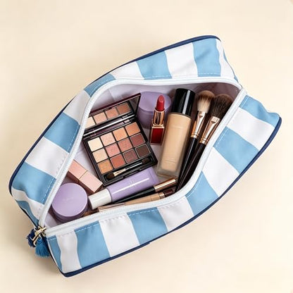 Preppy Striped Makeup Bag for Women, Structured Travel Cosmetic Pouch with Protective Sponge Padding, Large Canvas Toiletry Organizer with Tassel Zipper for Daily Purse(Blue White) - color: Blue White