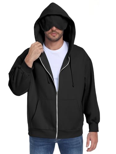 SeSe Code Unisex Zip Up Hoodie With Eye Mask Airplane Mode Travel Hoodies - color: Black, size: Large