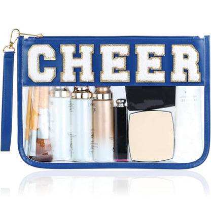 BuyCard Cheer Chenille Letter Bags Clear Makeup Bag, Cheerleader Gifts Cosmetic Bag, Varsity Preppy Patch Flat Pouch Cheer Accessories, Waterproof PVC Organizer Toiletry Bag for Women Girls Navy Blue - color: Navy Blue-Cheer
