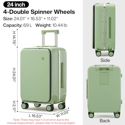 mixi Checked Luggage with Cup Phone Holder and Charger Hard Shell Suitcases with Spinner Wheels, 24 Inch Avocado Green - color: Avocado green, size: 24-inch