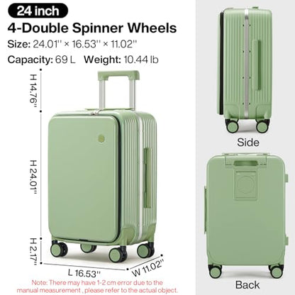 mixi Checked Luggage with Cup Phone Holder and Charger Hard Shell Suitcases with Spinner Wheels, 24 Inch Avocado Green - color: Avocado green, size: 24-inch