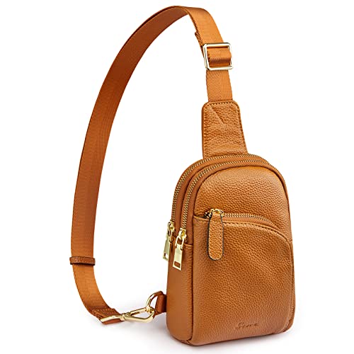S-ZONE Genuine Leather RFID Blocking Small Sling Bag Women Crossbody Fanny Packs - color: Brown, size: Medium