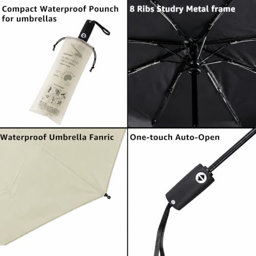 BAODINI Compact Travel Umbrella Small Windproof Auto Open Close for UV Sun Protection UPF 50+ and Rain Fits Backpack Purse & Suitcase - color: Beige