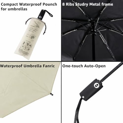 BAODINI Compact Travel Umbrella Small Windproof Auto Open Close for UV Sun Protection UPF 50+ and Rain Fits Backpack Purse & Suitcase - color: Beige
