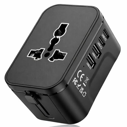 Universal Travel Adapter for 200+ Countries, International Plug Adapter with 2 USB-C & 2 USB-A, All-in-One European Power Adapter for UK US EU AUS Travel