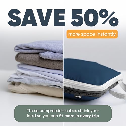 TRIPPED Travel Gear Large Compression Packing Cubes 7-Piece Set for Travel - color: Navy/White