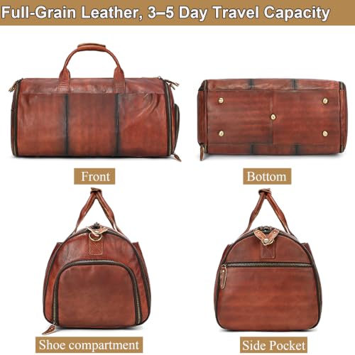 Genuine Leather Convertible Garment Duffle Bag for Men, 2 in 1 Suit Travel Bag with Shoe Compartment, Business Trip Weekender Overnight Bag, Brown - color: 01 Wiped Coffee Brown
