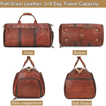 Genuine Leather Convertible Garment Duffle Bag for Men, 2 in 1 Suit Travel Bag with Shoe Compartment, Business Trip Weekender Overnight Bag, Brown - color: 01 Wiped Coffee Brown