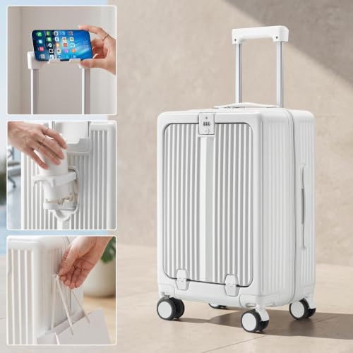 20Inch Carry On Luggage with Front Pocket and Cup Holder, White - color: White-SK, size: 20 Inch