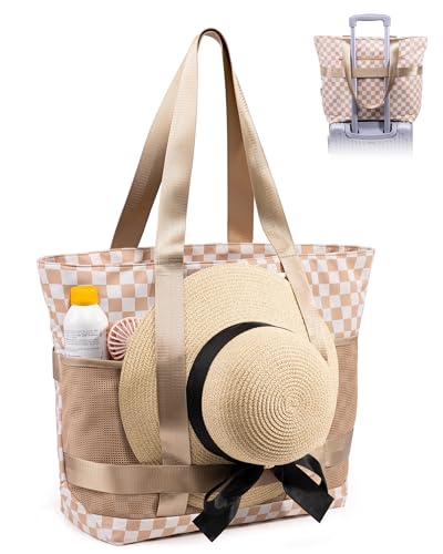 Large Beach Tote Pool Swim Bag for Women Sandproof with Wet Compartment - color: Khaki Plaid, size: 32L