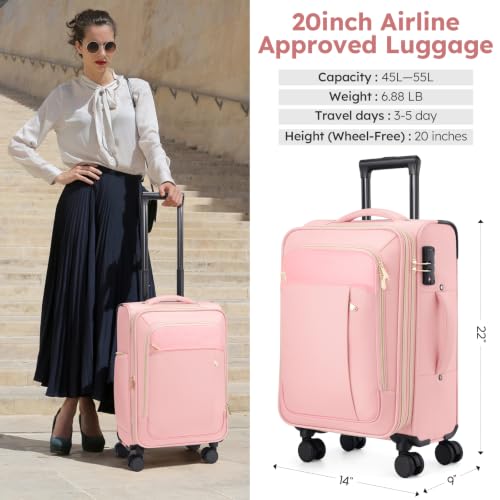 Softside Expandable Carry On Luggage, 20in Carry on Suitcase with Wheels - color: Pink