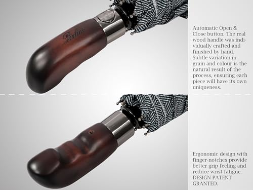 Balios Folding Umbrella Real Wood Handle Auto Open Close - color: Herringbone Classic Black