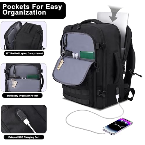 MOZETO TSA Approved Carry On Backpack, Extra Large Tactical Travel Backpack for Men, Airplane Approved Weekender Bag for Flight (Black) - color: Black