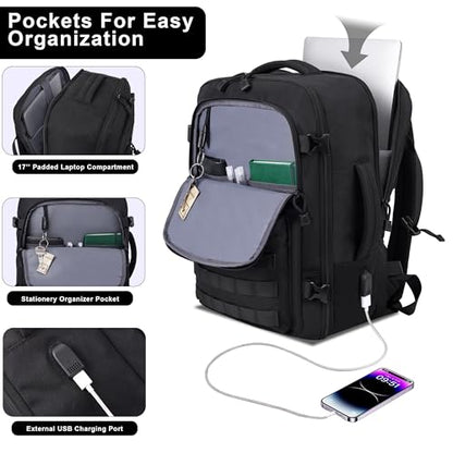 MOZETO TSA Approved Carry On Backpack, Extra Large Tactical Travel Backpack for Men, Airplane Approved Weekender Bag for Flight (Black) - color: Black