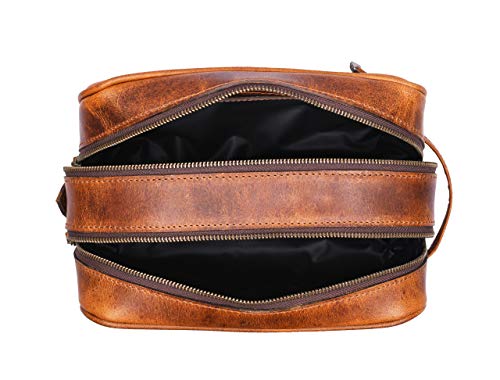 Aaron Leather Goods Leather Toiletry Bag for Men and Women Brown 10.5 Inch (Caramel) - color: Caramel