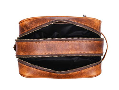 Aaron Leather Goods Leather Toiletry Bag for Men and Women Brown 10.5 Inch (Caramel) - color: Caramel