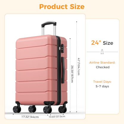 NEWBULIG 24 Inch Checked Luggage, Hard Shell Suitcase with Wheels, Pink - color: Pink, size: 24 Inch