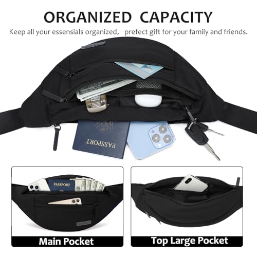 MAXTOP Large Crossbody Fanny Pack with 4-Zipper Pockets Travel Essentials - color: Top Zip Black, size: Large