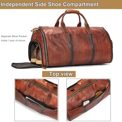 Genuine Leather Convertible Garment Duffle Bag for Men, 2 in 1 Suit Travel Bag with Shoe Compartment, Business Trip Weekender Overnight Bag, Brown - color: 01 Wiped Coffee Brown