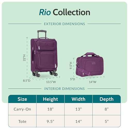 U.S. Traveler Rio Lightweight Softside Rolling Carry-on Suitcase, 4-Wheel Set, Green - color: Green, size: 22"/14"