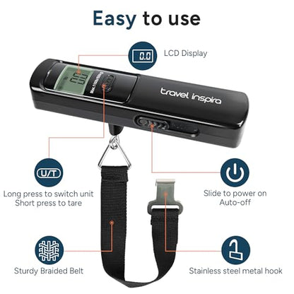 Battery-Free Luggage Scale – No Batteries Needed, Portable Digital Hanging Suitcase Weight Scale for Air Travel & Checked Bags, 110lb/50kg, LCD Display, Compact Travel Accessory - color: Black