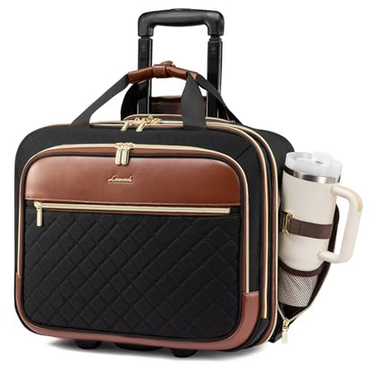 LOVEVOOK Rolling Laptop Bag for Women, Underseat Carry On Bag with Wheels - color: Black-brown