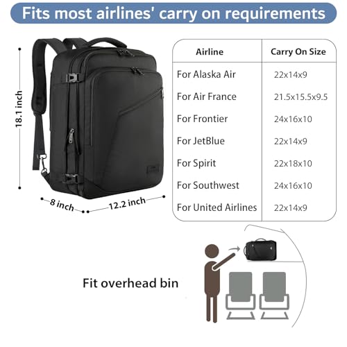 MATEIN Black Mens Travel Backpack, Expandable Carry on Backpack for Women - color: Black, size: Large