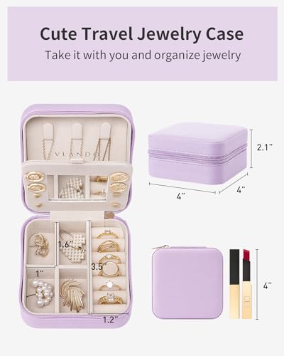 VLANDO Travel Jewelry Case with Mirror, Storage 3 Pairs of Stud Earrings - color: F.Purple - Mirror
