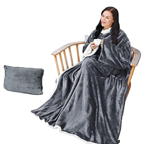 Catalonia Sherpa Wearable Blanket with Sleeves Arms - color: Gray