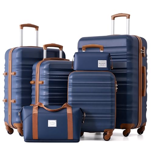 LONG VACATION Luggage Set 6 Piece Luggage ABS hardshell TSA Lock Spinner Wheels Luggage Carry on Suitcase (NAVY, 6 piece set) - color: NAVY, size: 6-Piece Set
